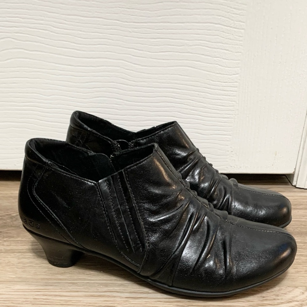 Taos Leather Ruched Highness Low Heel Boots Booties Shoes Black 7